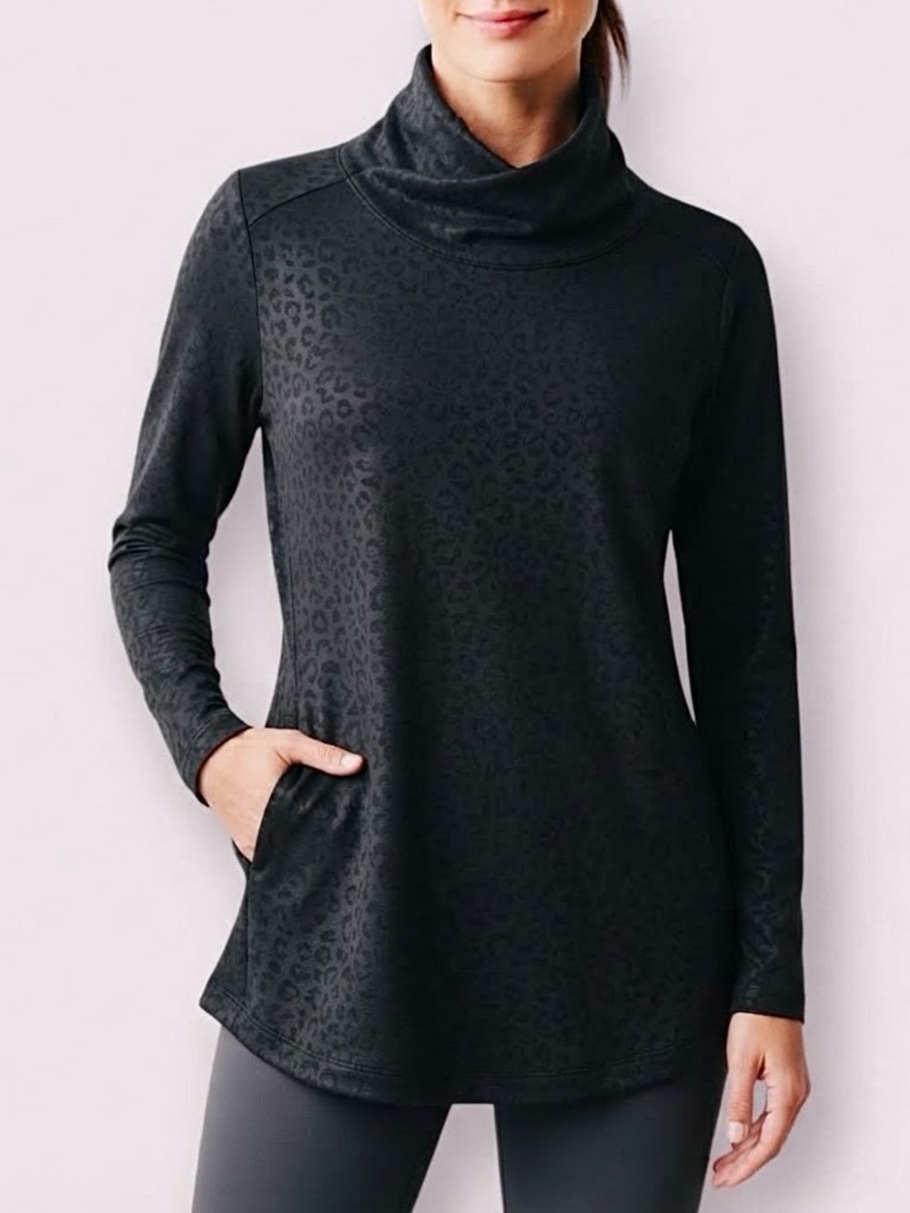 Calia by Carrie Underwood Pullover Turtleneck Sweatshirt w PocketsL Black Animal
